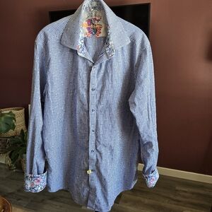 Robert Graham Classic Fit Blue Checkered Button Down Shirt with Floral Cuffs